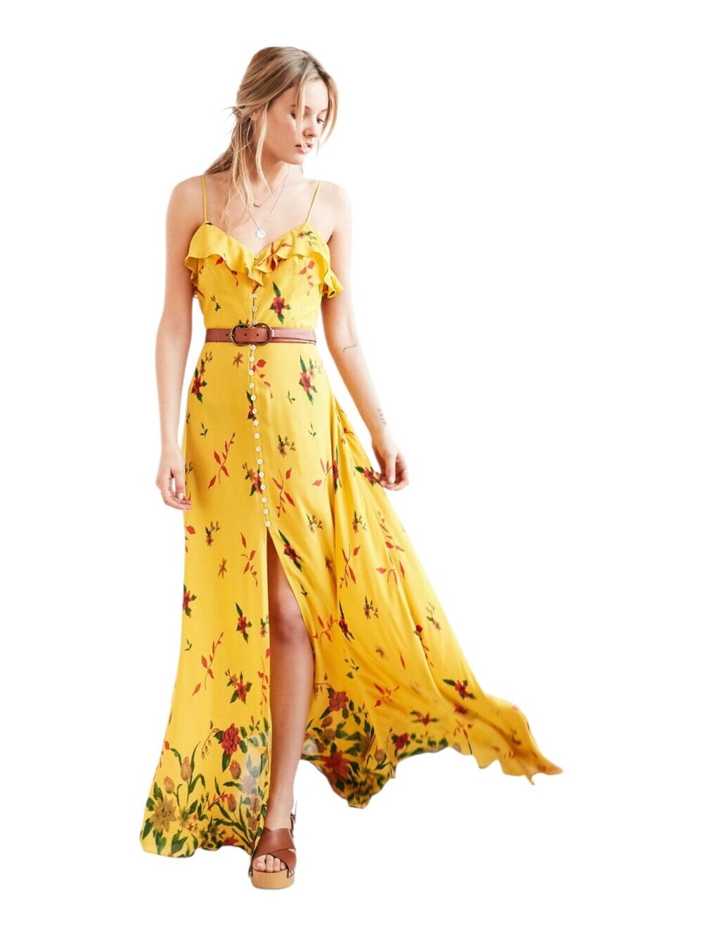 Kimchi Blue Yellow Floral Ruffle Maxi Dress Size 4